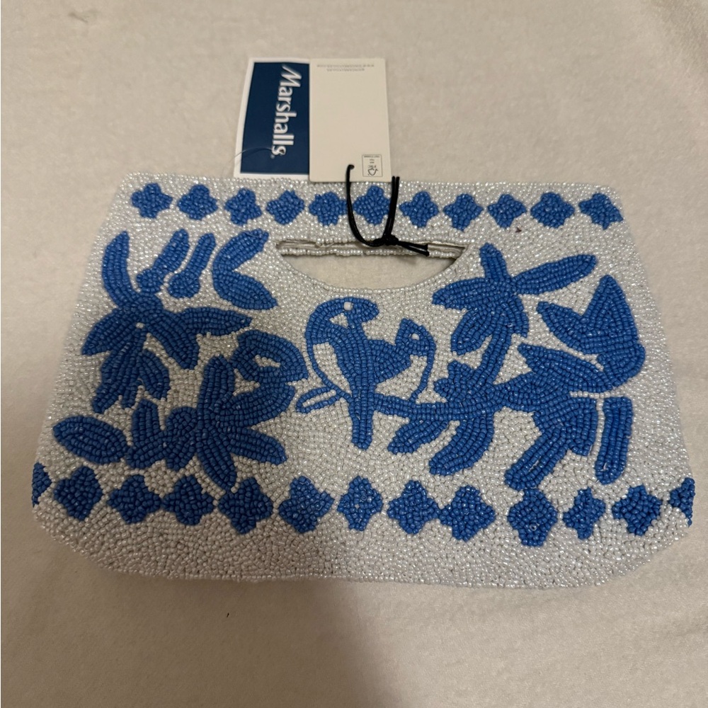 Viral Blue and White Beaded Clutch